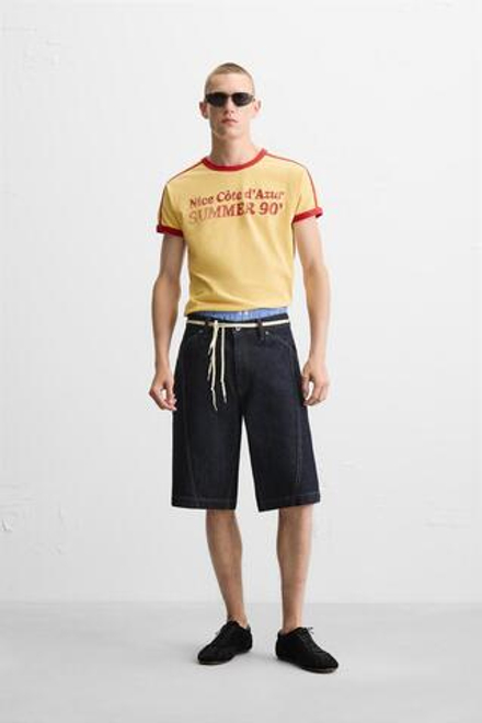ZARA ФУТБОЛКА С КОНТРАСТНОЙ НАДПИСЬЮ И ОКАНТОВКОЙ В РУБЧИК, ЖЕЛТЫЙ