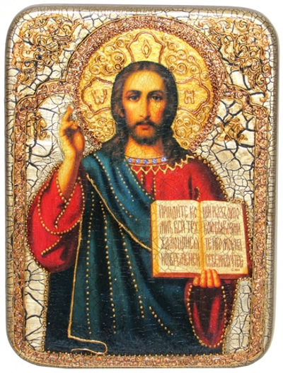 Инкрустированная икона Господа Иисуса Христа 29х21см на натуральном дереве в подарочной коробке