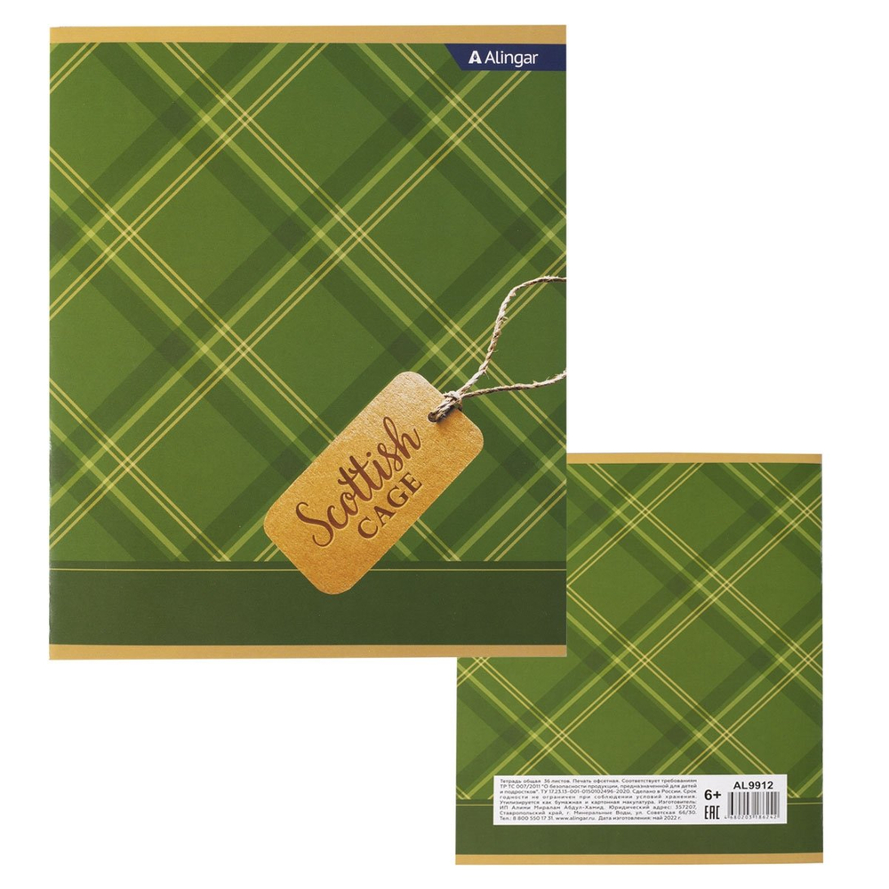 Тетрадь 36 л., А5, клетка, Alingar "Шотландская клетка", скрепка, второй блок 60г/м2, мелованный картон (стандарт), 4 дизайна в пленке т/у