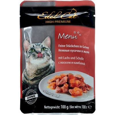 Влажный корм Edel Cat для кошек, нежные кусочки в желе с лососем и камбалой, пауч 100г