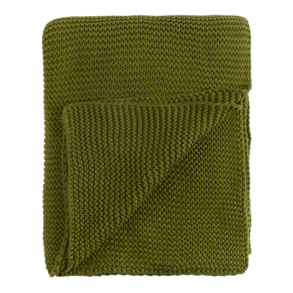 Плед из хлопка жемчужной вязки оливкового цвета из коллекции essential, 130х180 см