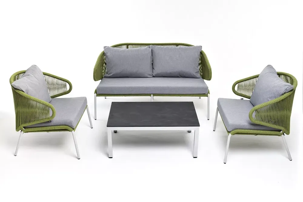 "Милан" лаунж-зона 4-местная плетеная из роупа (веревки), каркас алюминиевый светло-серый, роуп салатовый меланж