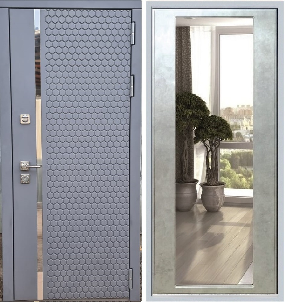 Входная металлическая дверь с зеркалом Рекс 24 Силк Титан / зеркало 2 XL СБ-17 Бетон светлый 12 мм