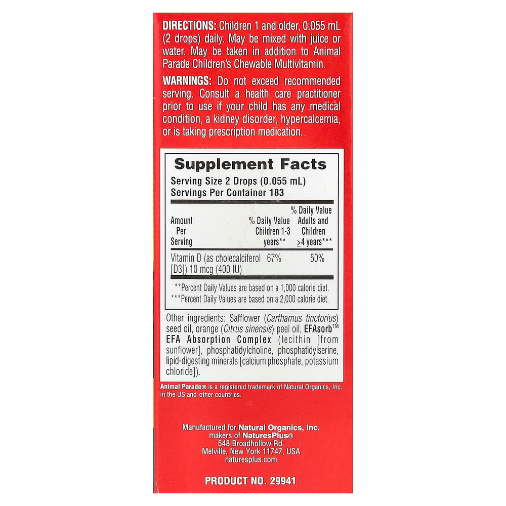 NaturesPlus, Animal Parade®, витамин D3 в каплях, с натуральным апельсиновым вкусом, 10 мкг (400 МЕ), 10 мл (0,34 жидк. унции)