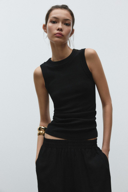 ZARA ТОП БЕЗ РУКАВОВ В РУБЧИК, ЧЕРНЫЙ