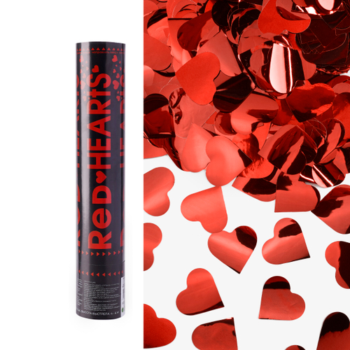 Пневмохлопушка (12/30 см), Романтика, Сердца фольга, Красный, Металлик, 1 шт.