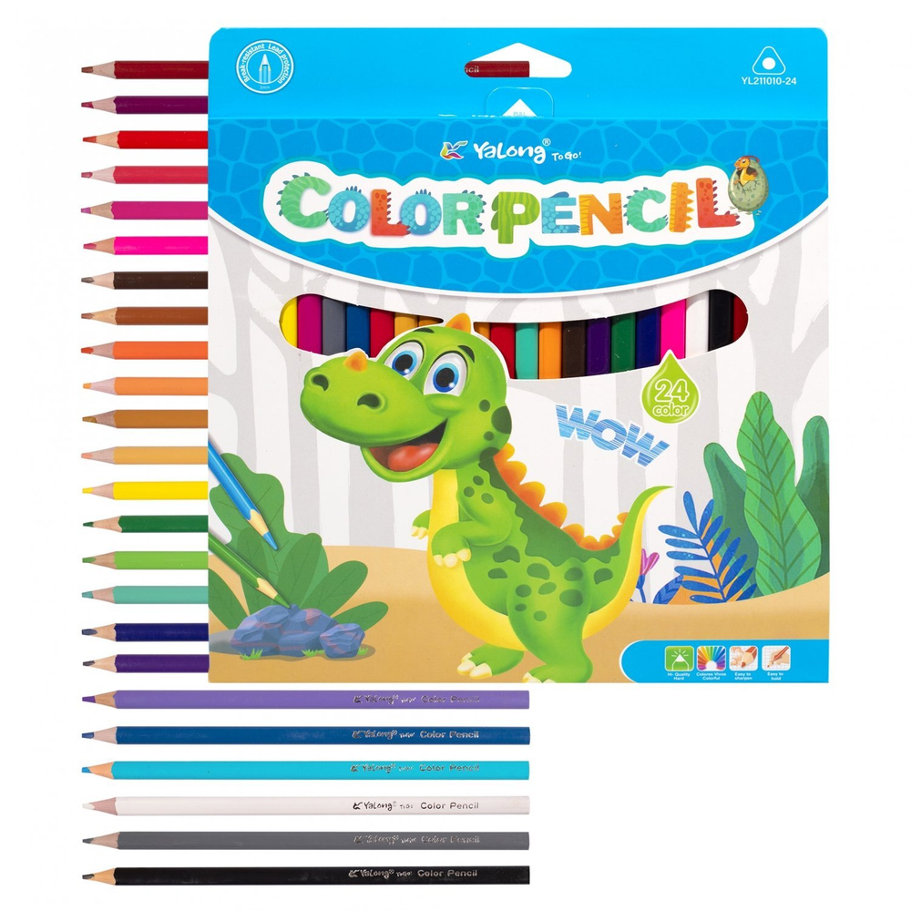 Карандаши цветные Yalong 24 цв., "Динозаврики" пластиковые, заточенные, трехгранные, грифель 3.0 мм, картон. уп., европодвес