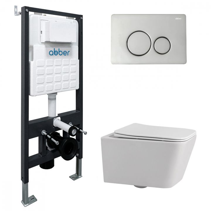 Комплект подвесной унитаз ABBER Rechteck AC1201 белый с инсталляцией AC0105 и кнопкой AC0121 хром