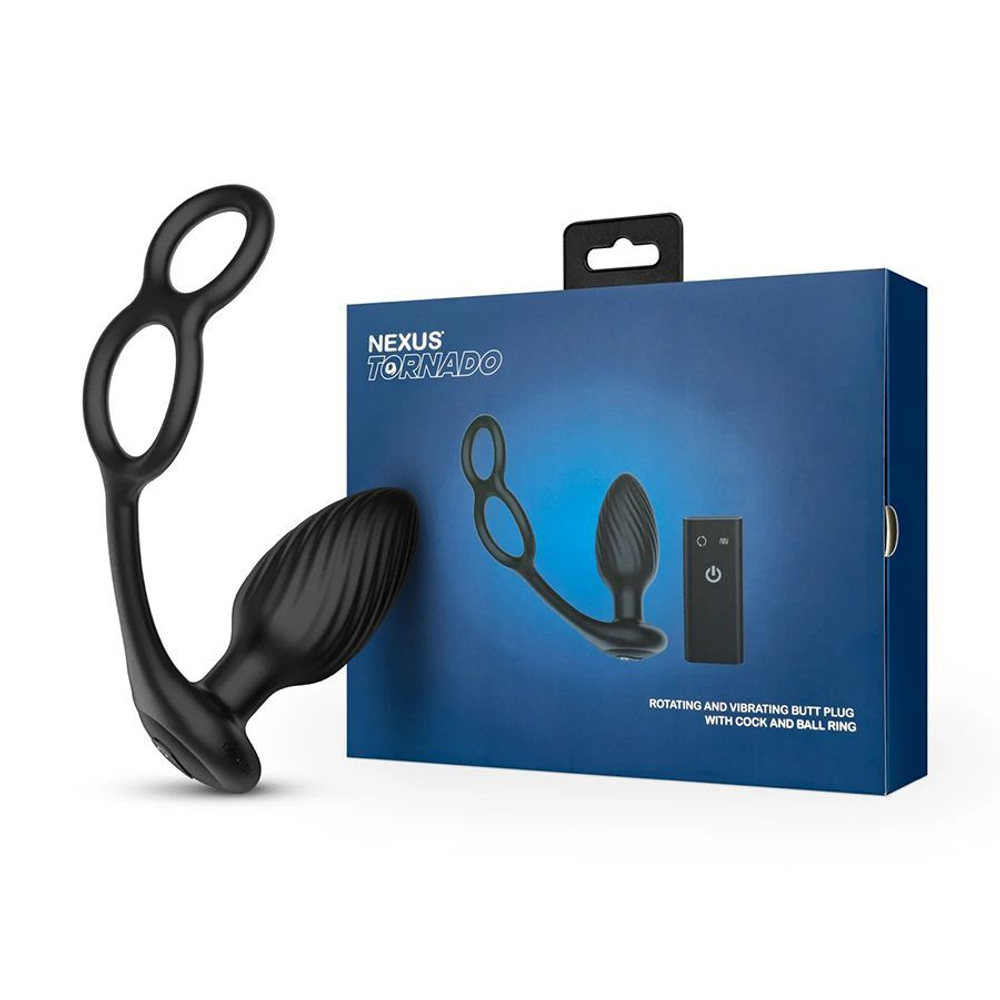 Черная анальная вибровтулка Tornado with Cock   Ball Rings с эрекционными кольцами