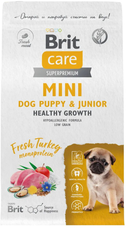 Сухой корм Brit Care Mini Dog Puppy&Junior Healthy Grow, индейка, 400гр.