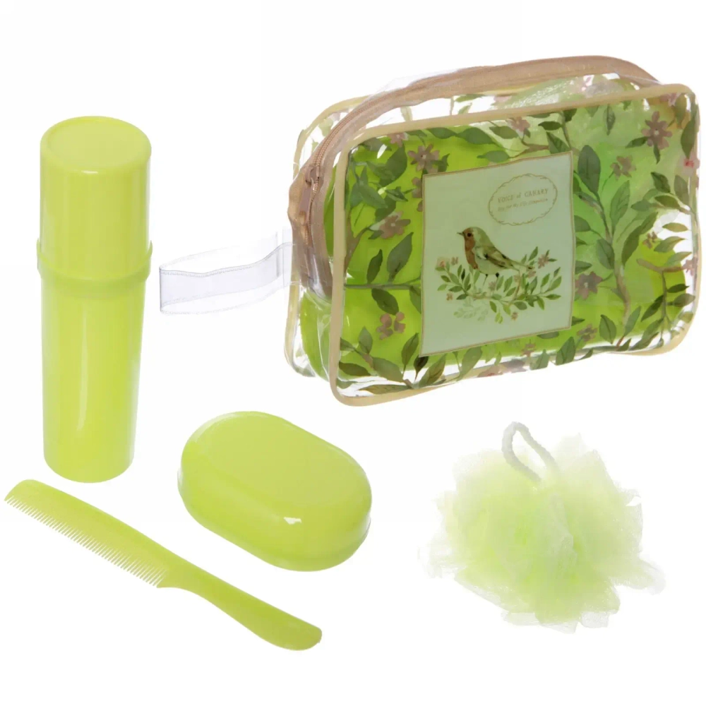 Набор банный дорожный 4шт «Traveler - Птички», микс 2 цв., (мочалка, футляр 2шт, расческа), 21,5*14*7см