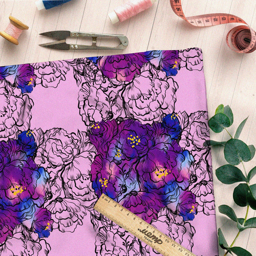 Ткань барби сине-фиолетовые пёстрые цветы