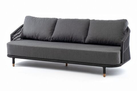 "Верона" диван 3-местный плетеный из роупа, каркас алюминий темно-серый (RAL7024) шагрень, роуп темно-серый круглый, ткань темно-серая 019
