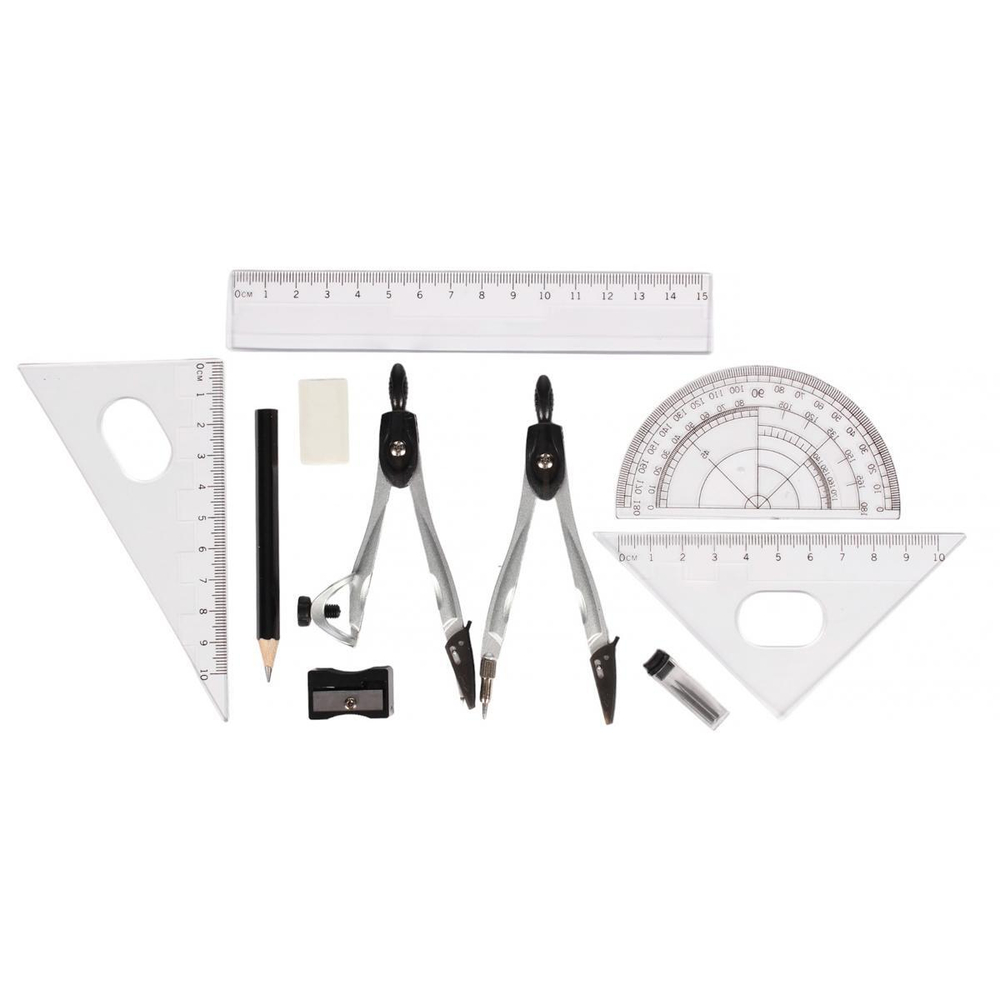 Готовальня 10предм. в пенале: циркуль+грифели, циркуль под каранд.+карандаш,ластик, точилка,4линейки