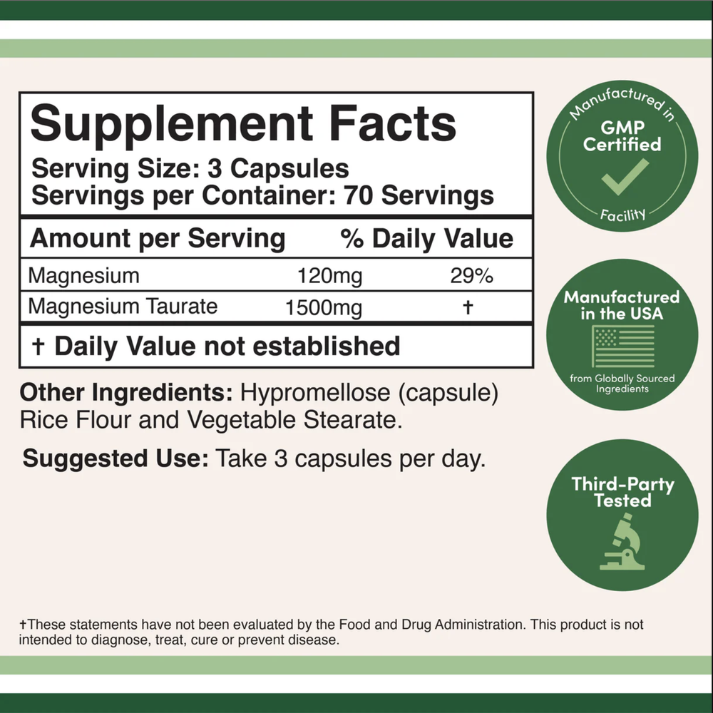 Double Wood Supplements - Magnesium Taurate - 210 x 500 mg capsules