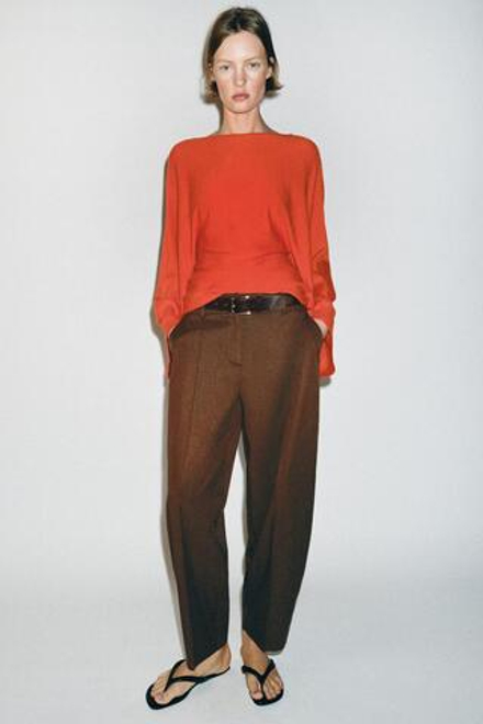 ZARA БРЮКИ С ПОЯСОМ GLOBO, КОРИЧНЕВЫЙ