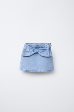 ZARA ДЖИНСОВАЯ ЮБКА С БАНТОМ, ВЫЦВЕТШИЙ СИНИЙ
