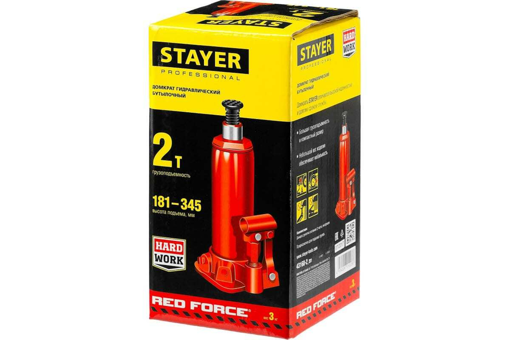 Гидравлический бутылочный домкрат STAYER RED FORCE, 2т, 181-345 мм, 43160-2 43160-2_z01