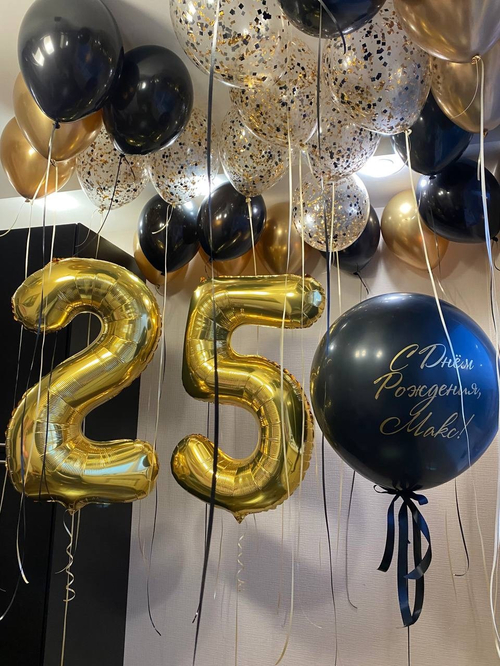 Композиция для мужчин. 25 шаров под потолок ( хром, с конфетти) большие золотые цифры, большой шар с любой надписью