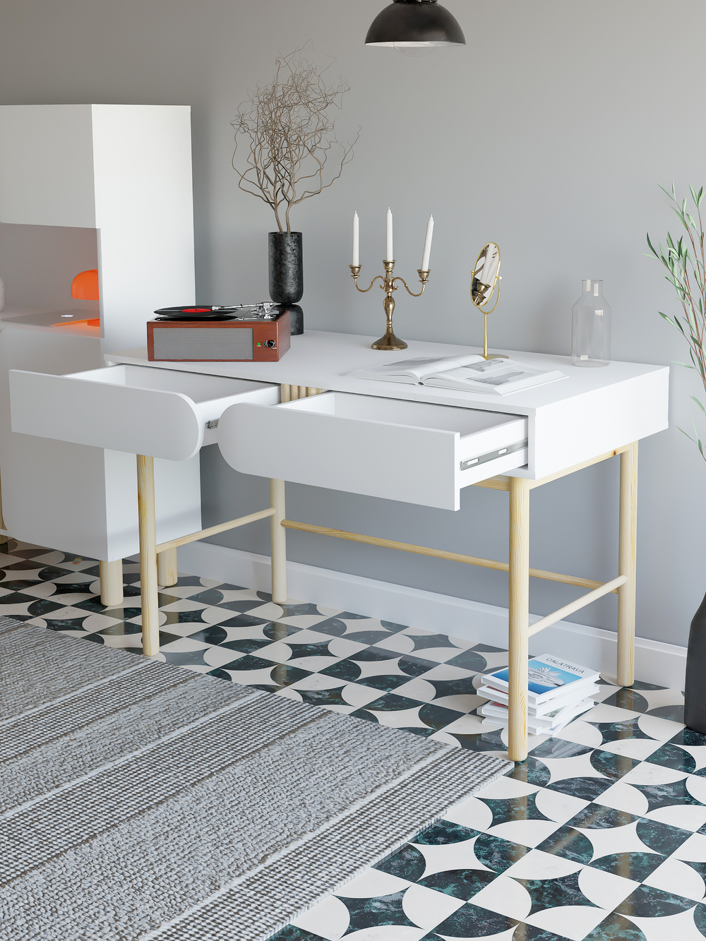 Стол письменный 120х60х79, Ола, с 2 ящиками, компьютерный, парта для школьника, детский, на ножках массив сосны, белый, Dipriz