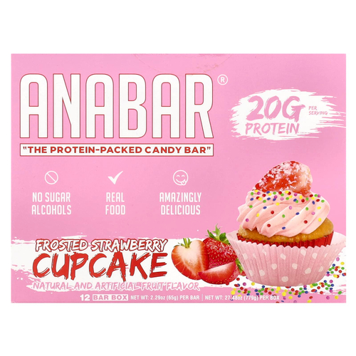 The Anabar, The Protein-Packed Candy Bar®, кекс с глазурью из клубники, 12 батончиков по 65 г (2,29 унции)
