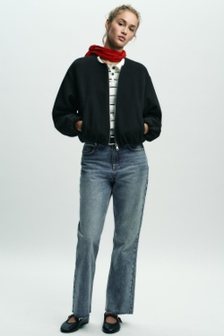 ZARA КУРТКА-БОМБЕР ИЗ МЯГКОЙ ТКАНИ, ЧЕРНЫЙ