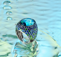 Кольцо с Топазом London, Сапфирами и Цаворитами, R0040-2/54