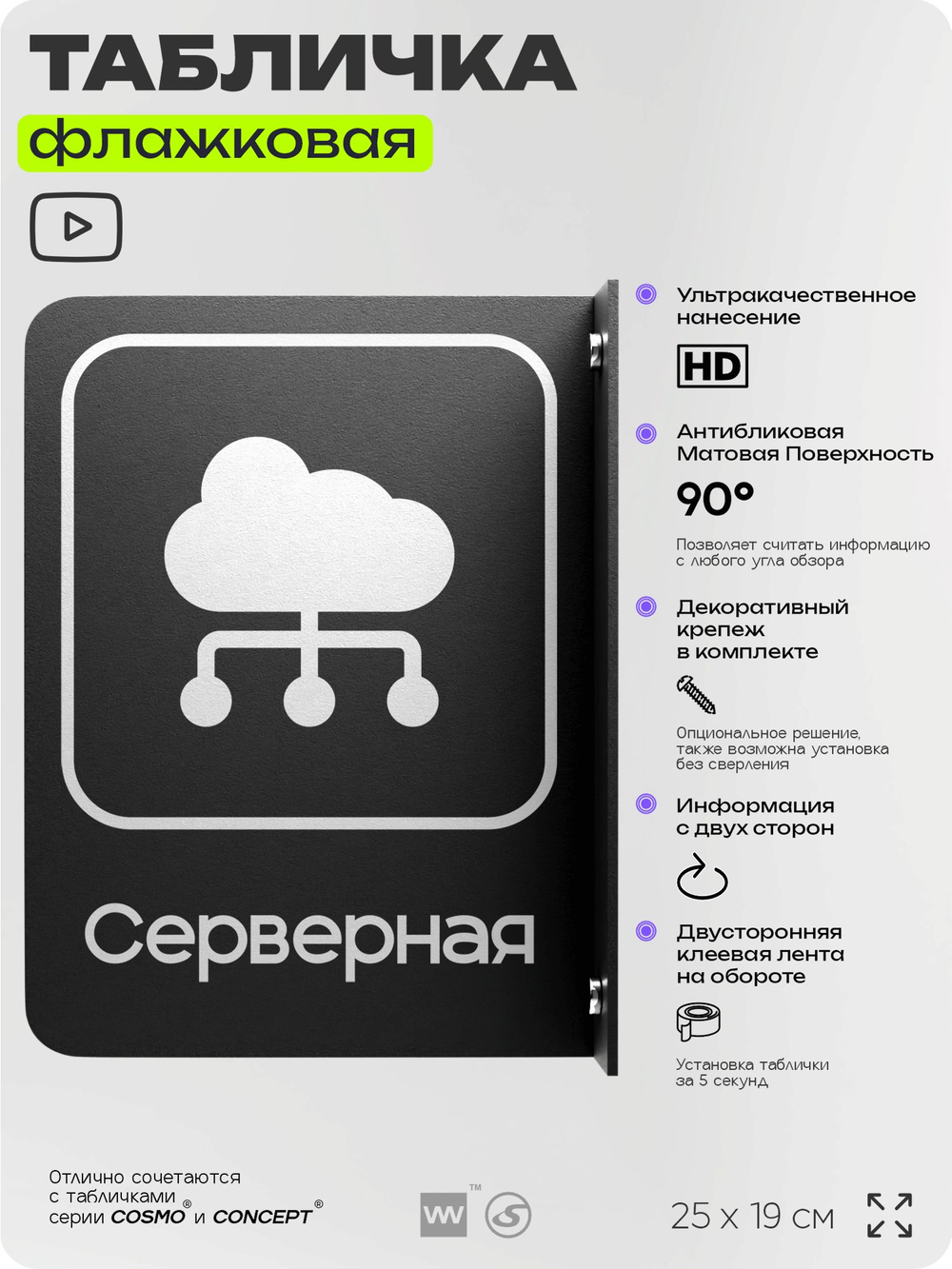 Табличка Серверная флажковая на стену, двусторонняя с крепежом, 19 х 25 см, для офиса, кафе, ресторана, серия COSMO, Айдентика Технолоджи