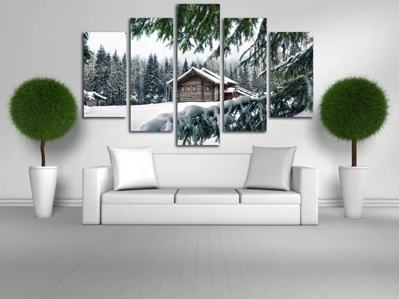 Модульная картина "Домик в зимнем лесу"