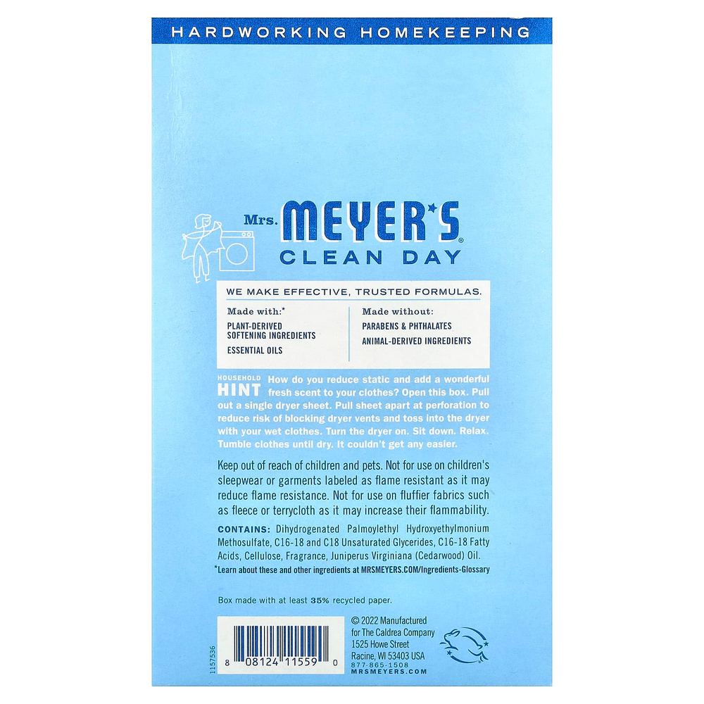 Mrs. Meyers Clean Day, Простыни для сушки, дождевая вода`` 80 листов