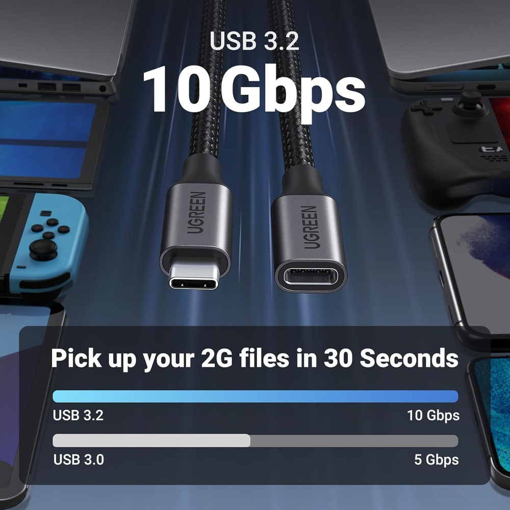 Кабель USB C 3.1 Gen2- USB C, 10Gbps, 5A, 100W, 0.5m. удлинитель UGREEN 80810