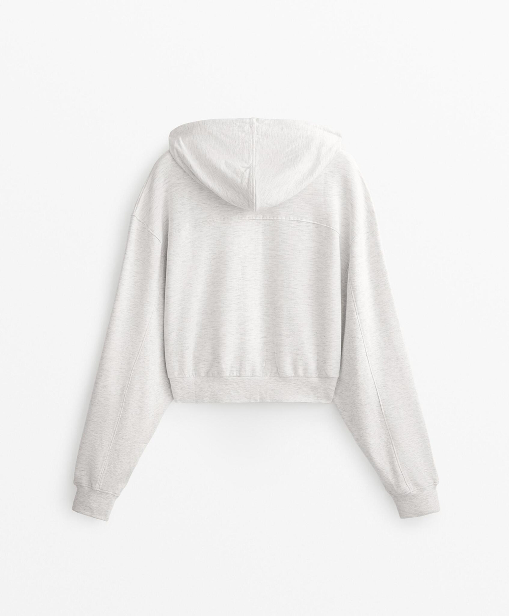 Oysho Толстовка укороченная с капюшоном и отделкой в ​​рубчик из хлопка и модала, бледно-серый меланж