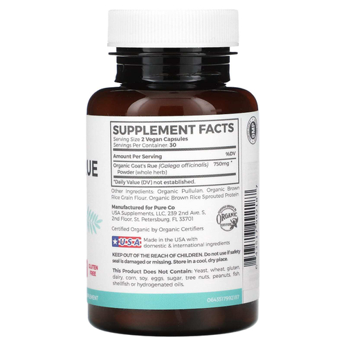 Pure Co., Pure Mom, органическая козья рута, 60 веганских капсул (375 мг на капсулу)