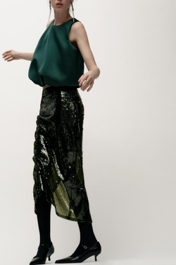 ZARA АТЛАСНЫЙ ТОП ОБЪЕМНОГО КРОЯ, БУТЫЛОЧНО-ЗЕЛЕНЫЙ