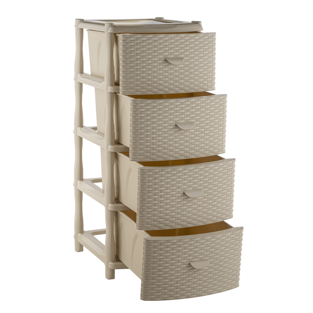 Комод "Элластик" 4 ящика с фасадом Люкс (плетенка), цвет слоновая кость, ножки на колесиках