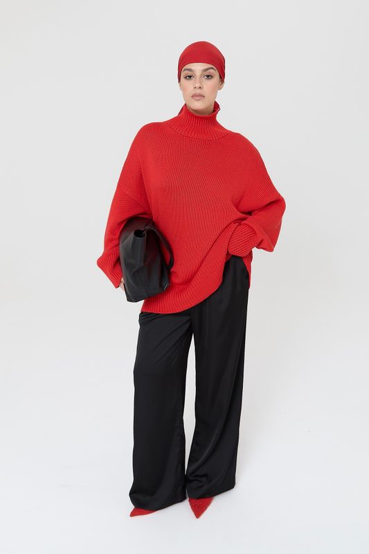 Брюки на резинке прямые из атласа, черный