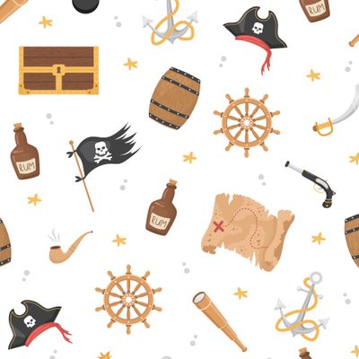 Приключение пиратов. Карта сокровищ, штурвал и ром