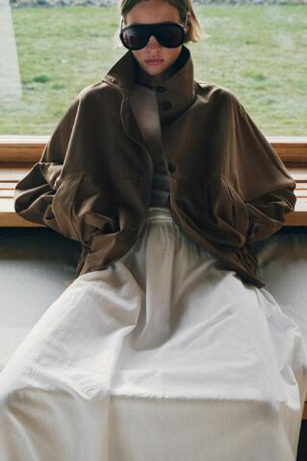 ZARA КУРТКА С ВОРОТНИКОМ-СТОЙКОЙ И ЭЛАСТИЧНЫМ НИЗОМ, КОРИЧНЕВЫЙ