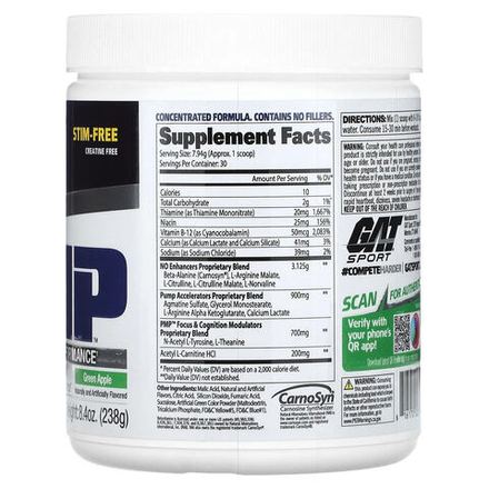 GAT, PMP без СТМ, Peak Muscle Performance, со вкусом зеленого яблока, 238 г (8,4 унции)