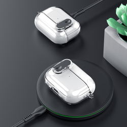 Прозрачный чехол с кнопкой черного цвета от Dux Ducis для наушников AirPods 4, серия PECL Series Case, в комплекте с карабином