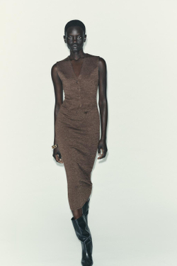 ZARA ПЛАТЬЕ МИДИ С ПУГОВИЦАМИ, КОРИЧНЕВЫЙ МЕЛАНЖ