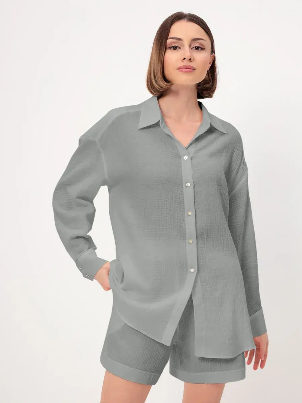 Костюм - пижама с шортами из муслина домашний оверсайз