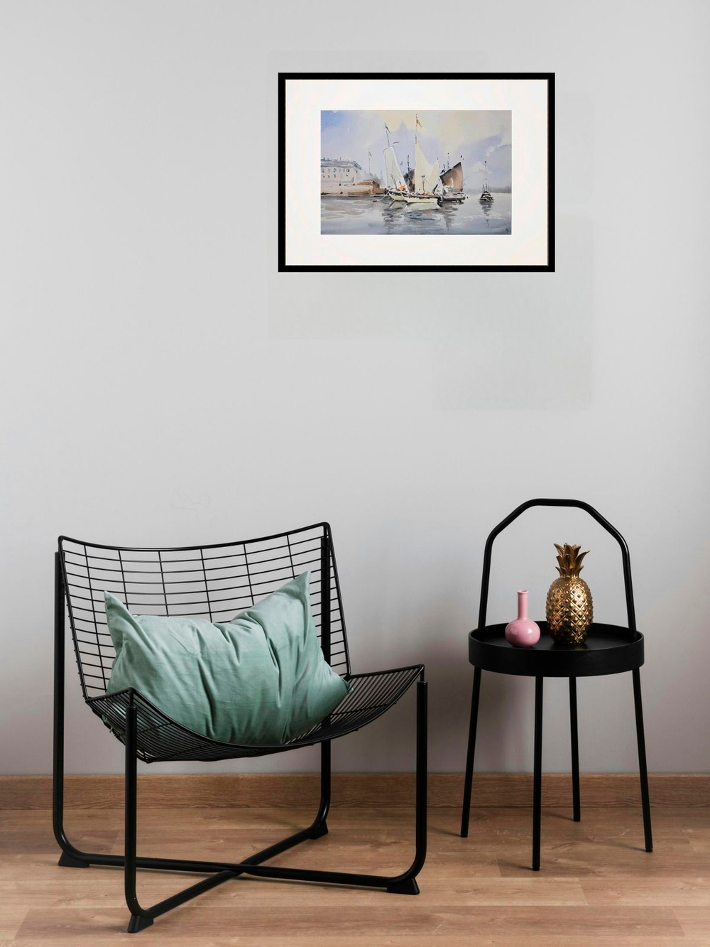 Картина авторская акварельная в паспарту 30х40 см на стену для интерьера "Парусники в гавани"