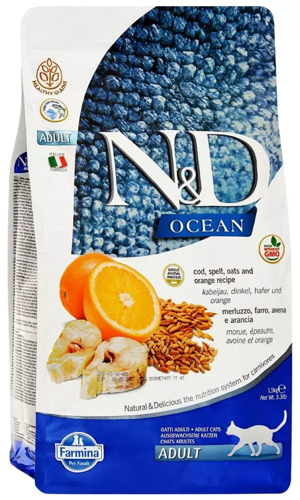 Farmina N&D Cat Ocean Сухой корм для взрослых кошек треска, спельта, овес и апельсин 1,5кг