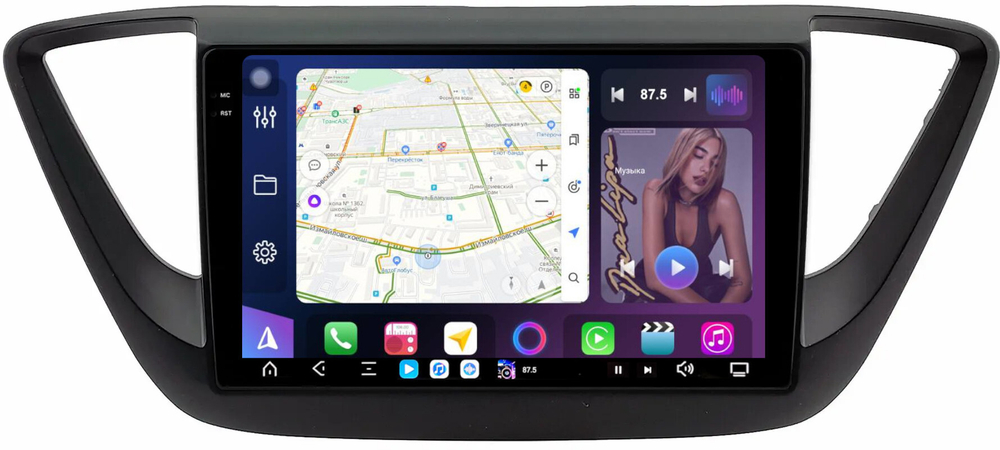 Магнитола для Hyundai Solaris 2 2017-2022, Solaris HS 2024+ (рамка черная матовая) - FarCar XXL766M монитор 9.5" 2K QLED на Android 14, TS20, 8+256Гб, CarPlay, 4G SIM-слот