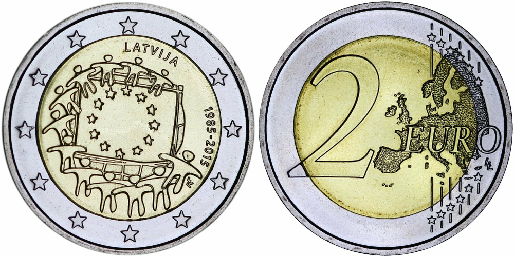 Латвия 2 евро, 2015 30 лет флагу Европейского союза UNC