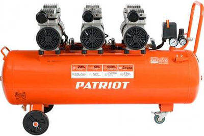 Компрессор Patriot поршневой безмасляный WO 100-440, 440 л/мин, 8 бар, 2500 Вт, 100 л, быстросъем и "елочка" с вентилем