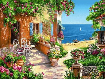 Гобеленовая картина "D. РИВЬЕРА УТРЕННИЙ ЧАЙ" в багетной раме, Россия.