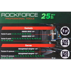 Головки ударные, набор 25пр. 1/4'', 1/2''(6гр.) RockForce RF-50121K