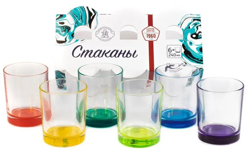 НАБОР СТАКАНОВ стеклянных "Гладкий" 6 шт. 240 мл с цветным дном (арт. 02с1021 У ЛМ, код 052943)